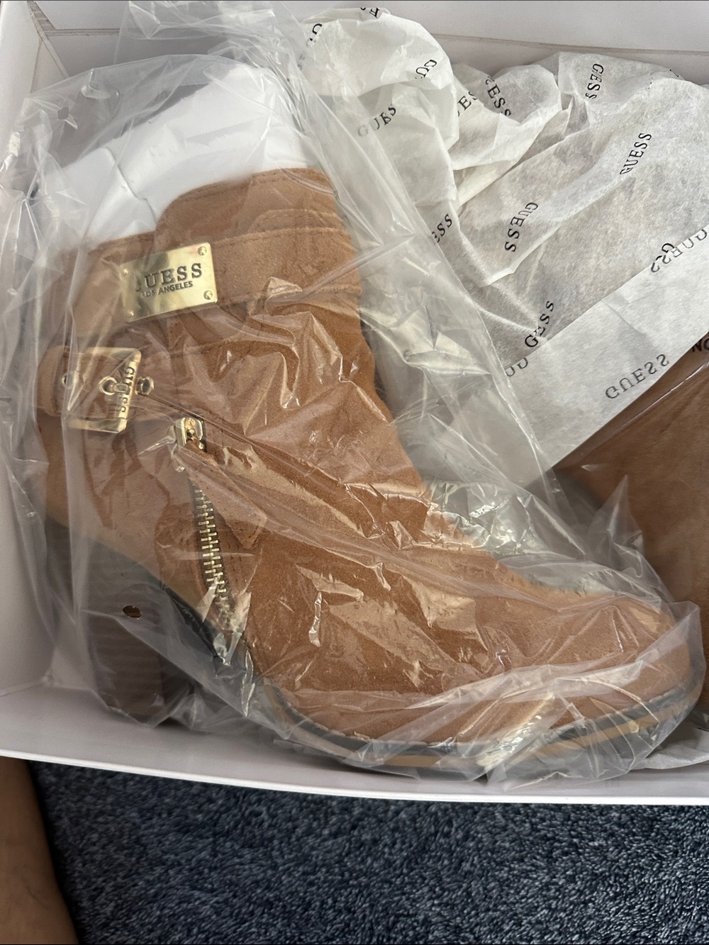 GUESS Brown Suede Ankle Boot with Gold Accents
